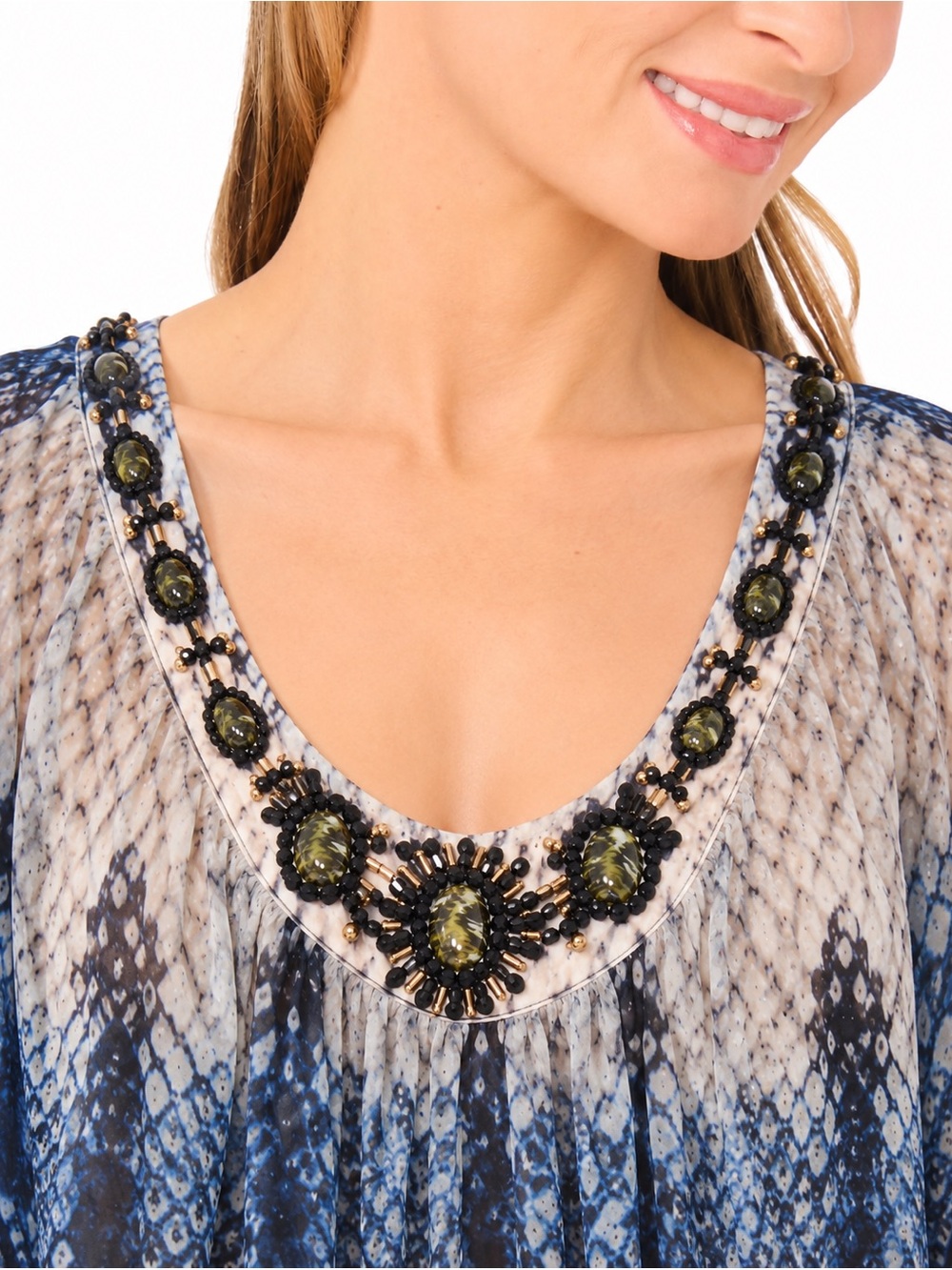 Vintage Caché Snake Print Embellished Sheer Blouse Top Blue L Y2K Boho Glam